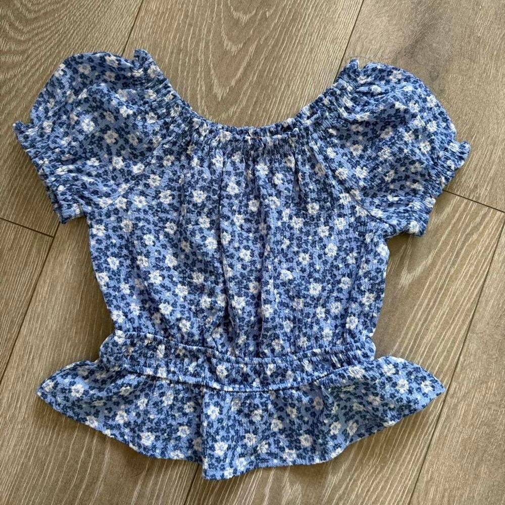 Blue floral puff sleeve peplum
